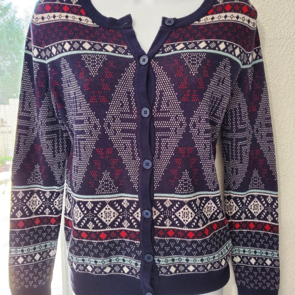 Women's/Girl's Geometric Pattern Navy Button Front Cardigan Sz Small 100% Cotton